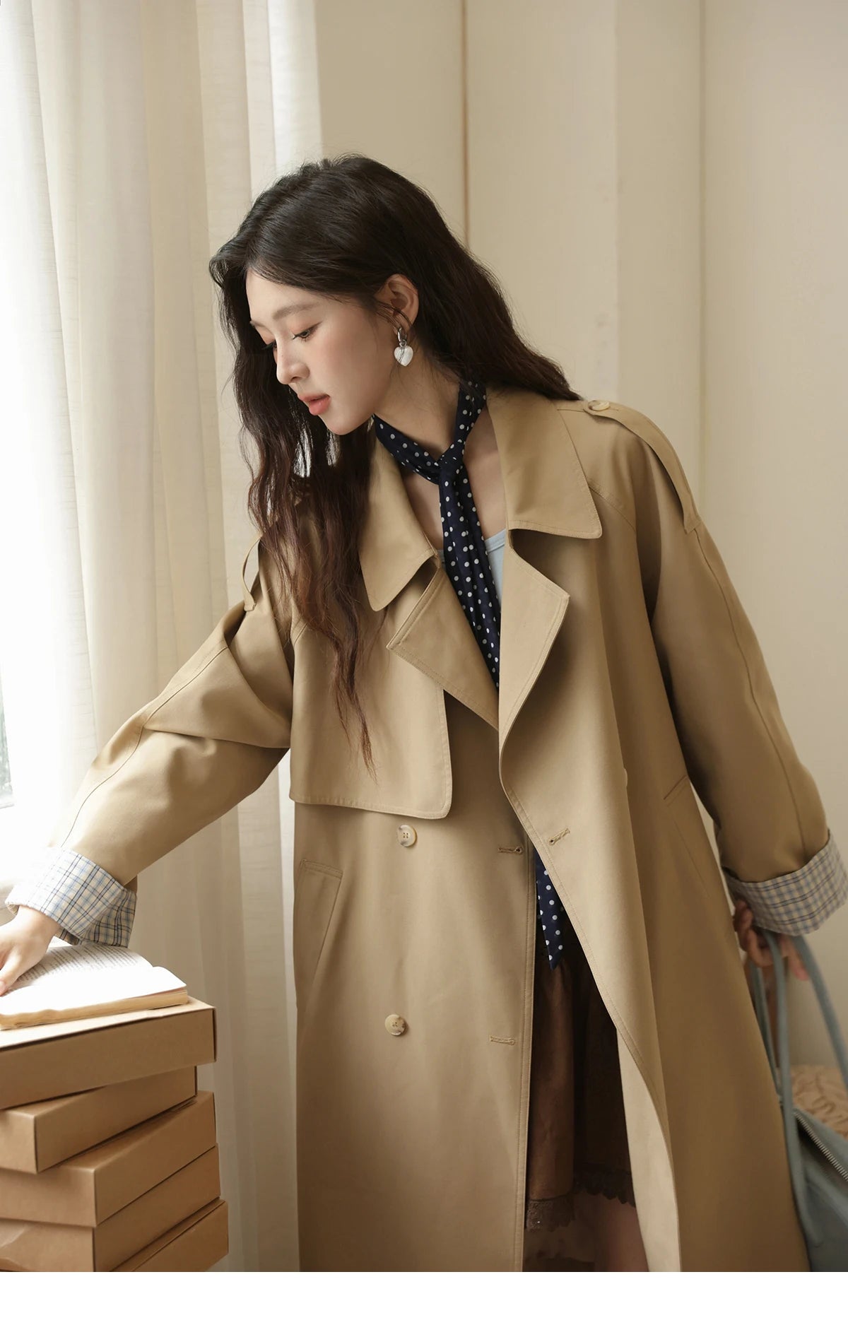 MISHOW Khaki Retro Plaid Flip Sleeve Trench Coat Autumn 2025 Double Breasted Belt Medium Length Trench Office Lady MXE44W0814
