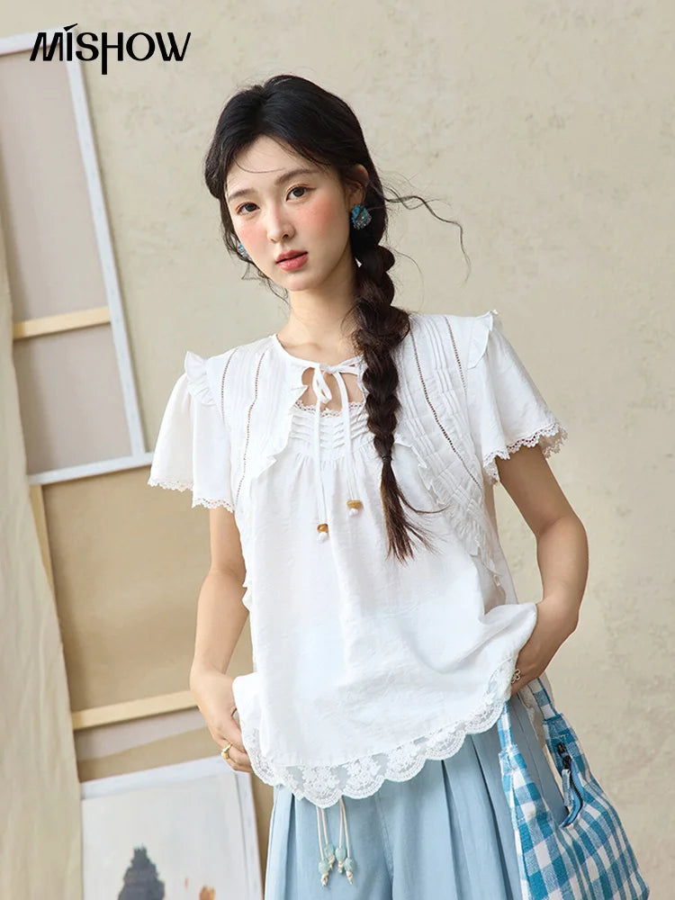 MISHOW White Lace Up Blouse Women's 2025 Summer New Fashion Butterfly Sleeve Hollow Lace Splicing Top Female Clothing MXE34X1784