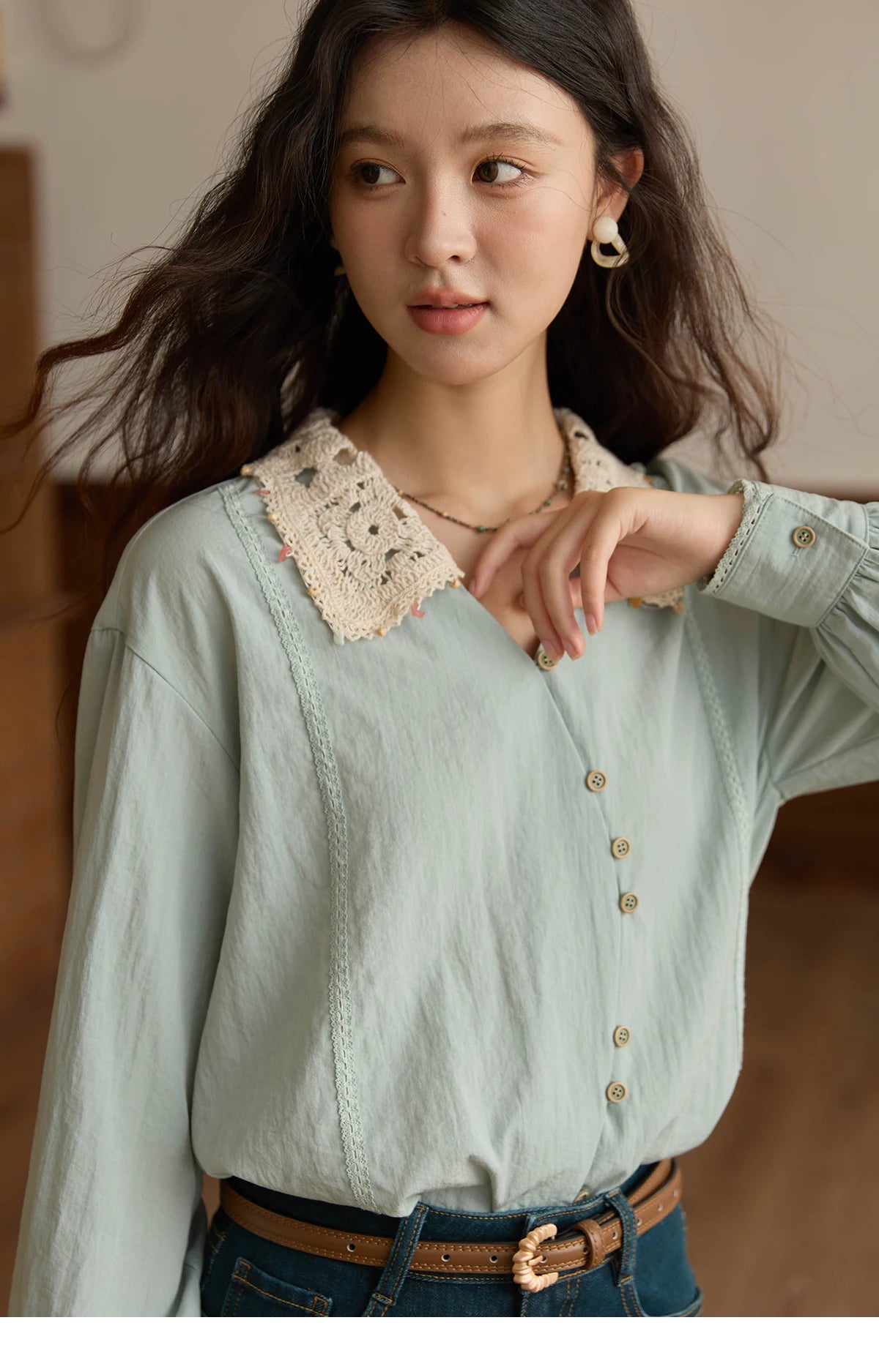 MISHOW Women's Linen Shirt 2025 Autumn Contrast Apricot Lapel Shirts Long Sleeve Curved Placket Tops Office Lady MXE43C2387