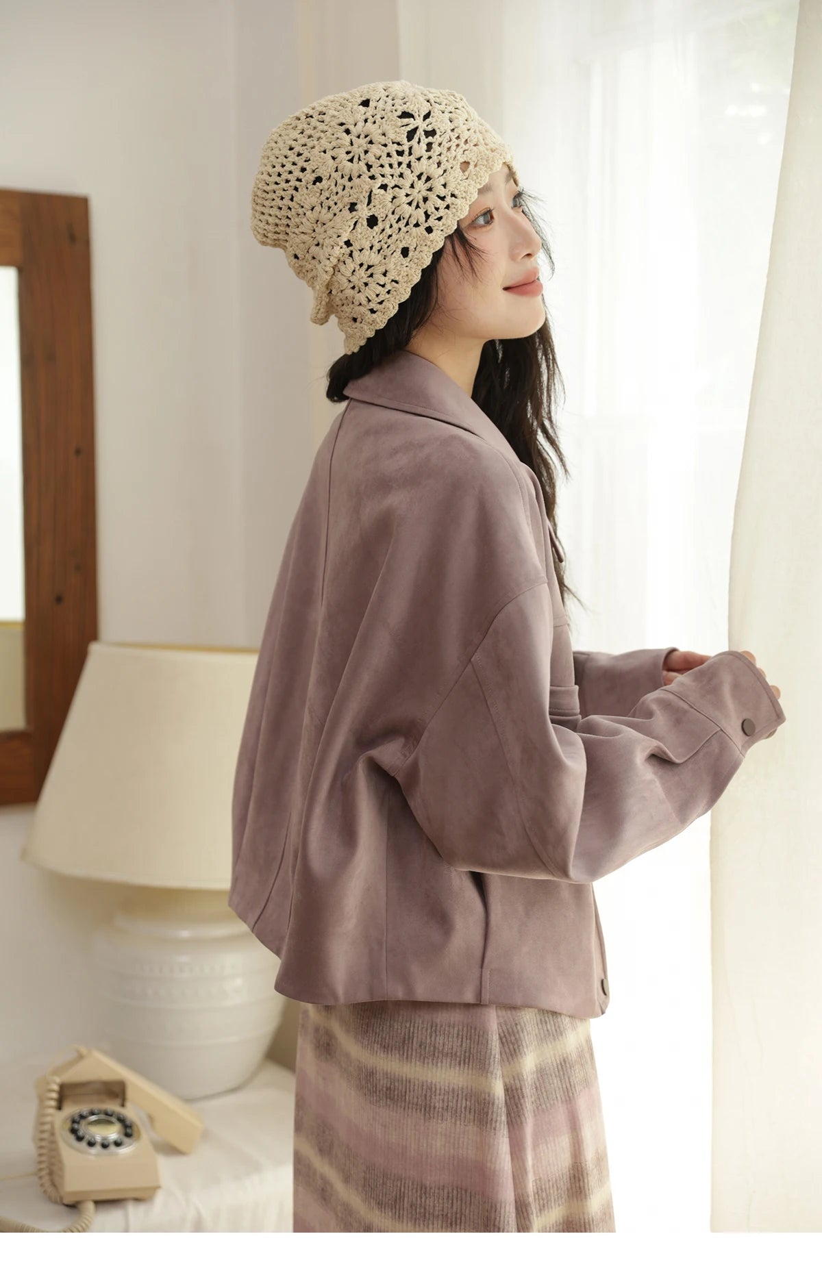 MISMHOW Taro Purple Leather Jacket Autumn 2025 Contrasting Splic Short Jackets Symmetrical Double-layer Pocket Coat MXE44W0816