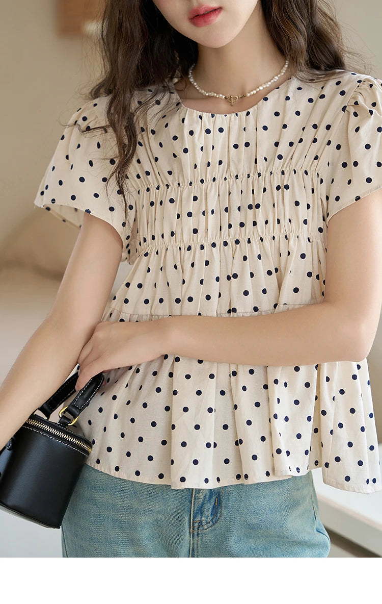 MISHOW Polka Dot Blouses for Women 2025 Summer French Flying Sleeve O Neck Elastic Folds Loose Retro Female Doll Top MXC39X1291
