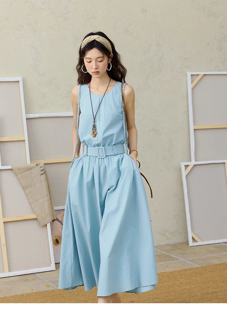 MISHOW Women's Vest Dress 2025 Summer Hand Woven Fried Dough Twists Waist Belt Slim Long Dress A-line Vacation Dress MXE34L2223