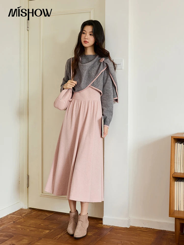 MISHOW Women's Knitted Suit 2025 Autumn Sweet Style Irregular Round Neck Top Pink Suspender Dress Slim Two-piece SuitMXE49T1397