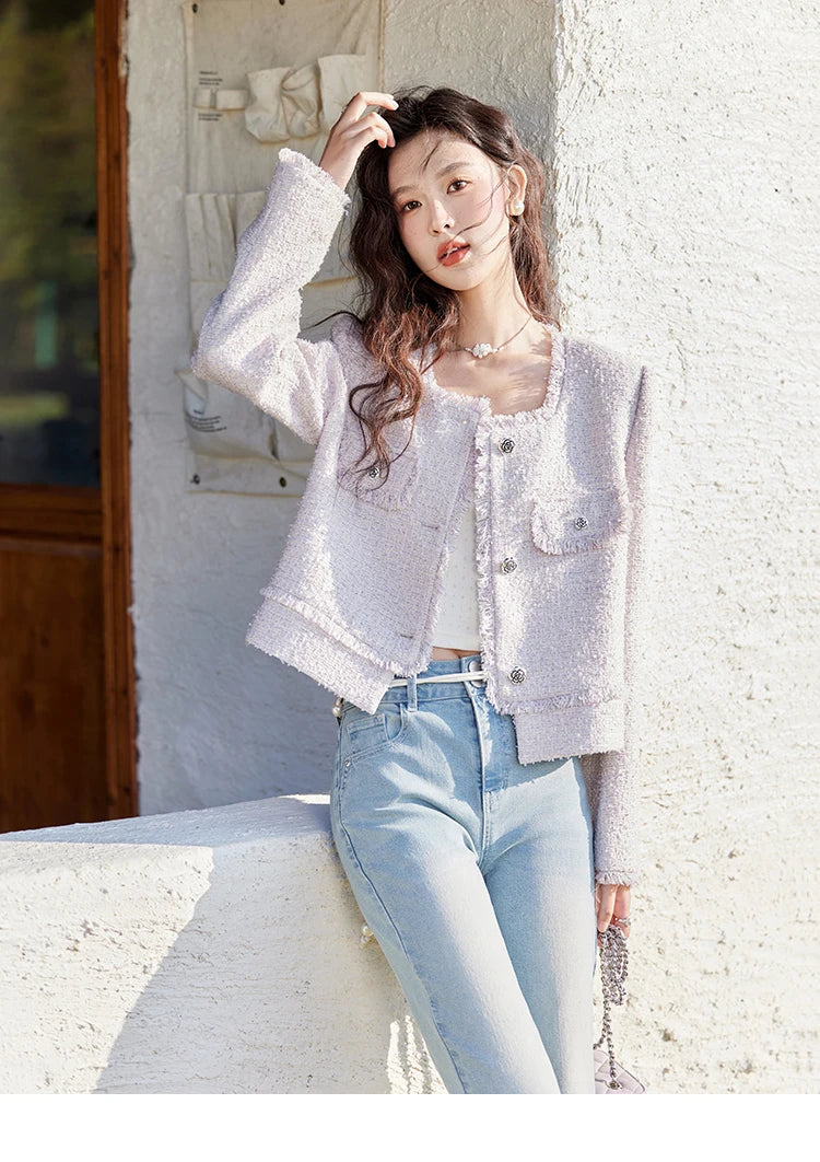 MISHOW Tassel Fragrant Coat for Women 2025 Spring Rose Buckle Weave Short Coats Elegant Square Neck Straight Coats MXE13W0733