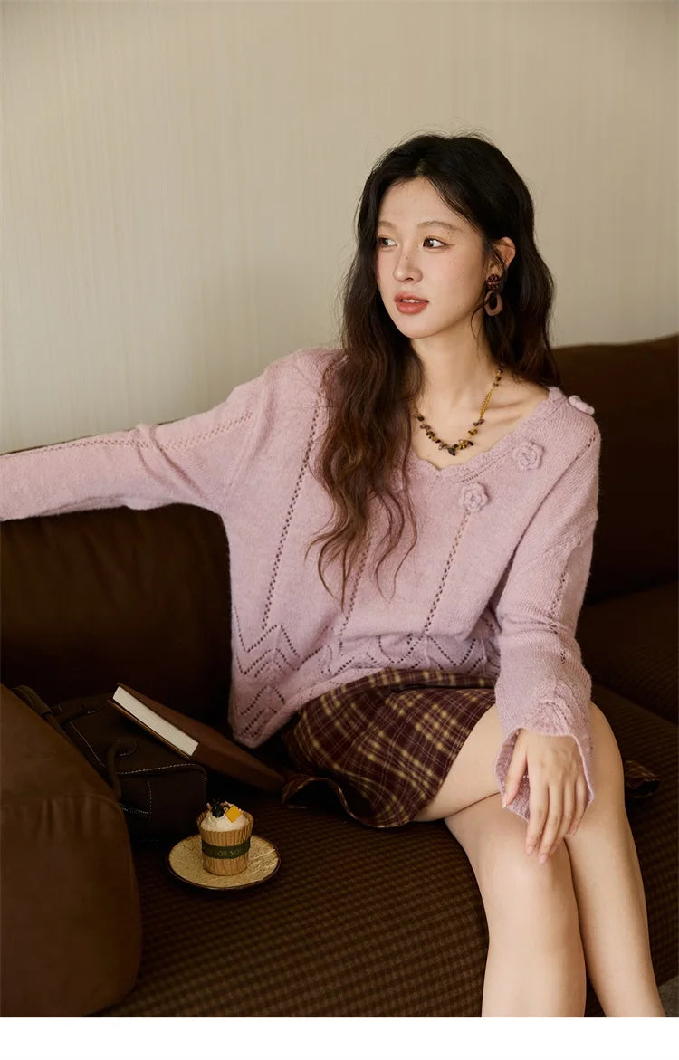 MISHOW Elegant Women's Sweaters 2025 Autumn Purple Hollow Out Wave V-neck Crochet Design Knitted Top Casual Pullovers MXE45Z1391