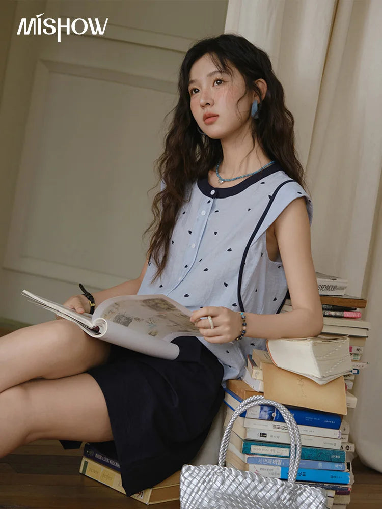MISHOW Women's 2 Piece Set 2025 Summer Fashion Sleeveless Button Shirt High Waist A-line Shorts Set Ladies Clothing MXE37T0656