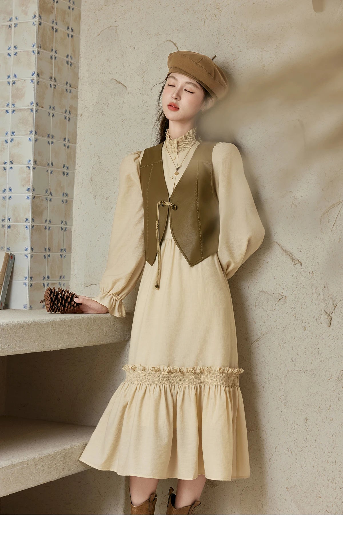 MISHOW French Stand Neck Elasticity Dress 2024 Autumn Waist Elegant A-line Dresses Elastic Lotus Leaf Sleeves Dress MPD42L2036