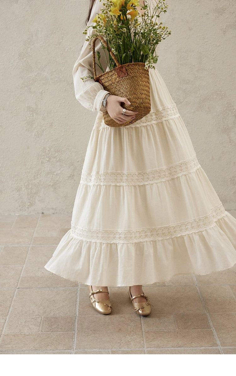 MISHOW Apricot Vacation Dress for Women Spring 100 Cotton Splicing Lace Retro Dress V-neck Waist Slim Long Dresses MXE16L2168