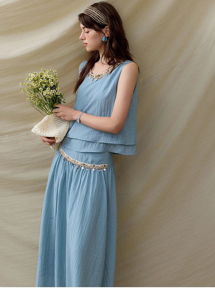 MISHOW Office Lady Summer Vest Skirt Sets Women 2025 Sheel Ribbon Solid Round Neck Tops Loose High Waist Skirt Female MXE32T0556