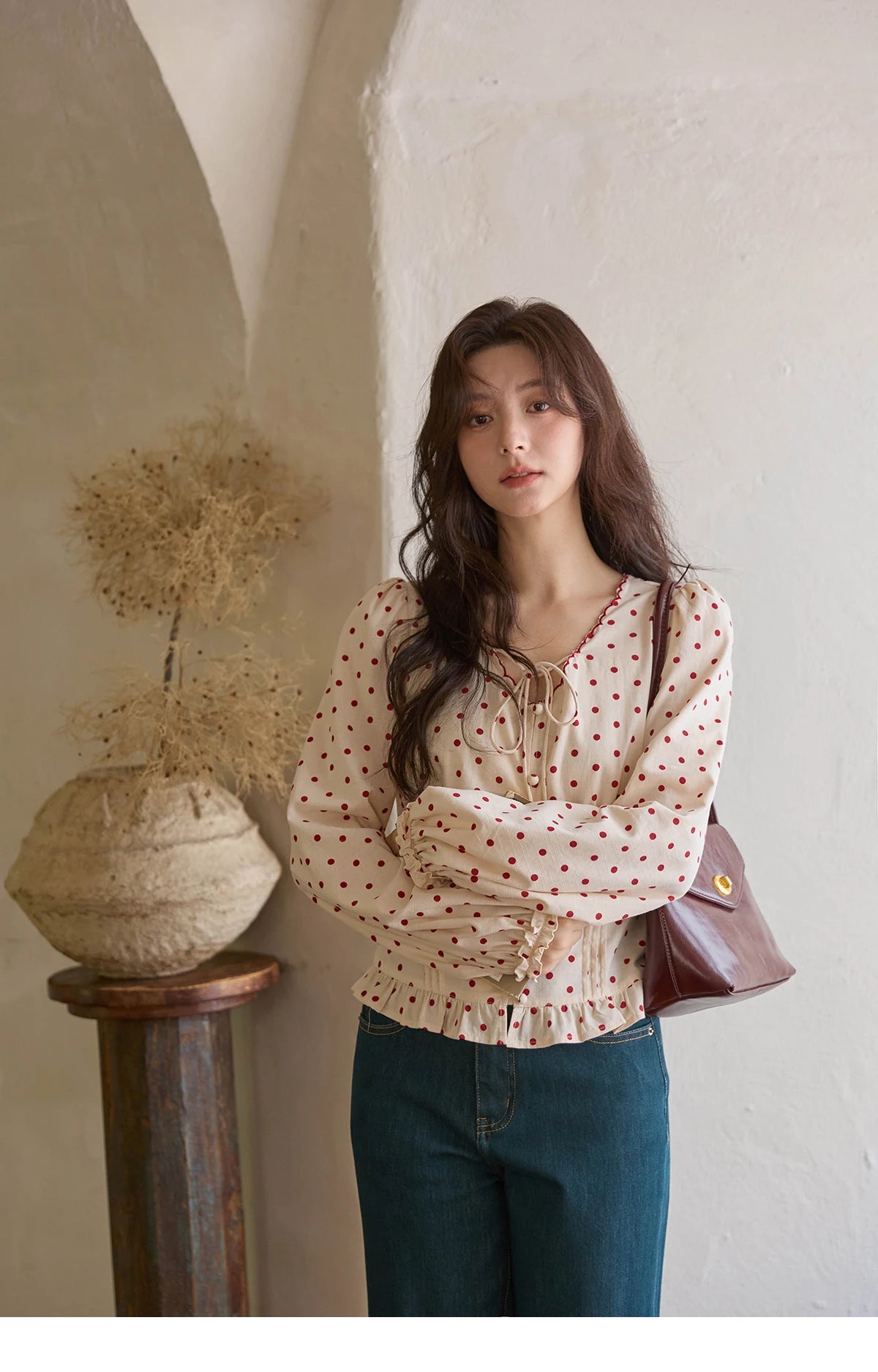 MISHOW Apricot Bottom Red Polka Dot Shirt for Women Autumn 2025 Korean Ruffled Edges Shirts V-neck Lace-up Sweet Top MXE42X1971