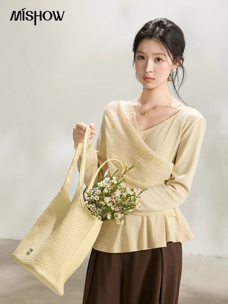 MISHOW Women's Asymmetric Lace Patchwork Tops 2026 Spring V Neck Long Sleeve Top Ruched Waist Ruffled Hem Casual Tees MXF11Z2942