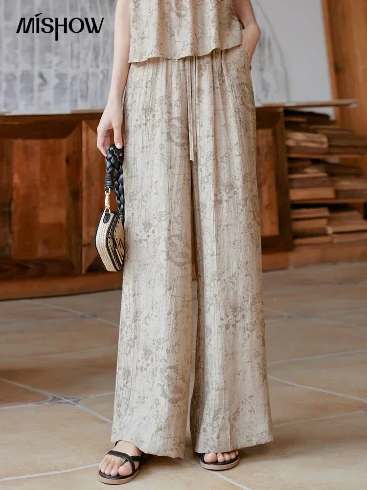 MISHOW Ink Printing Slash Neck Top Wide Leg Trouser Separately Summer Elastic Waist Pants Folds Chiffon Office Lady MXC39X1298