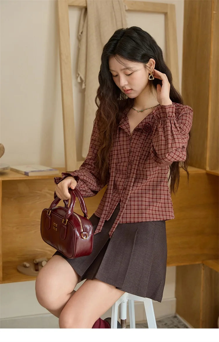 MISHOW Women's Red Tied Plaid Shirt 2025 Autumn New Arrival Sweet 3D Floral Turn-Down Collar Long-Sleeve Blouse Women MXE45X2481
