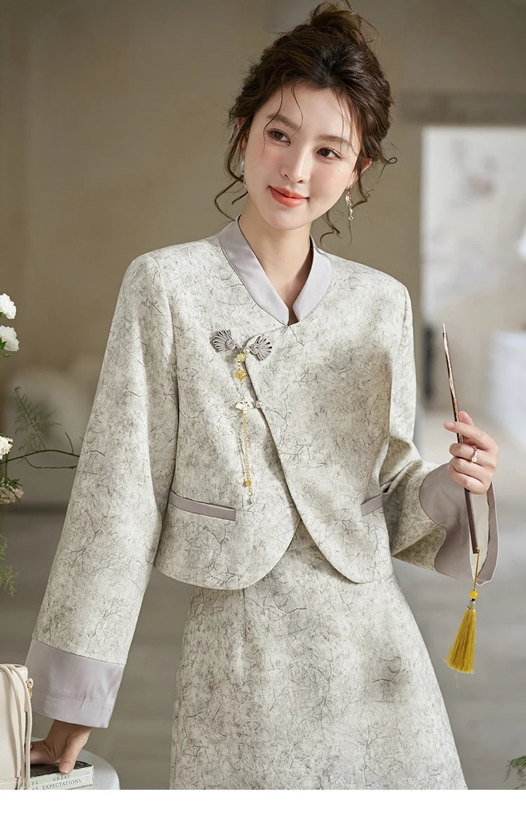 MISHOW Chinese Stand Up Collar Jacket A-line Skirt Separately Spring Textured Glossy Jacquard Irregular Placket Top MXD15W0373