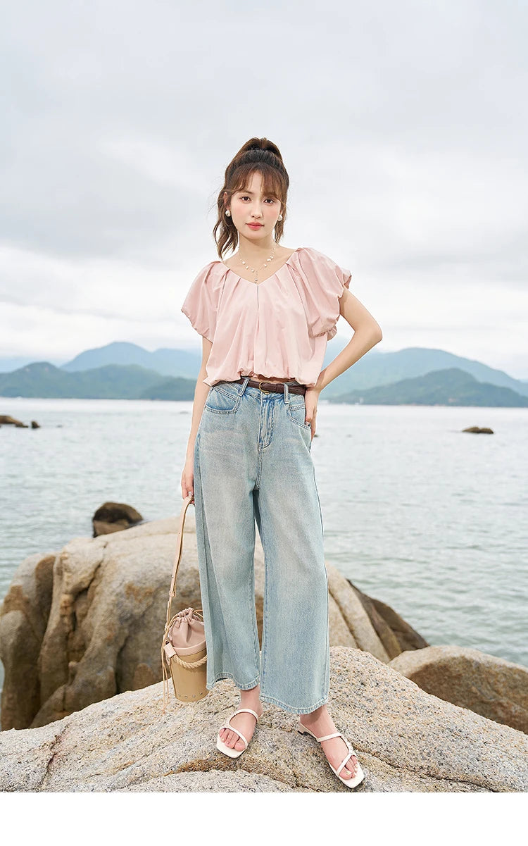 MISHOW Soft Blouses for Women 2025 Summer French Rear Collar Tie Up Solid Short Sleeve Solid V Neck Puff Sleeve Tops MXC38X1275