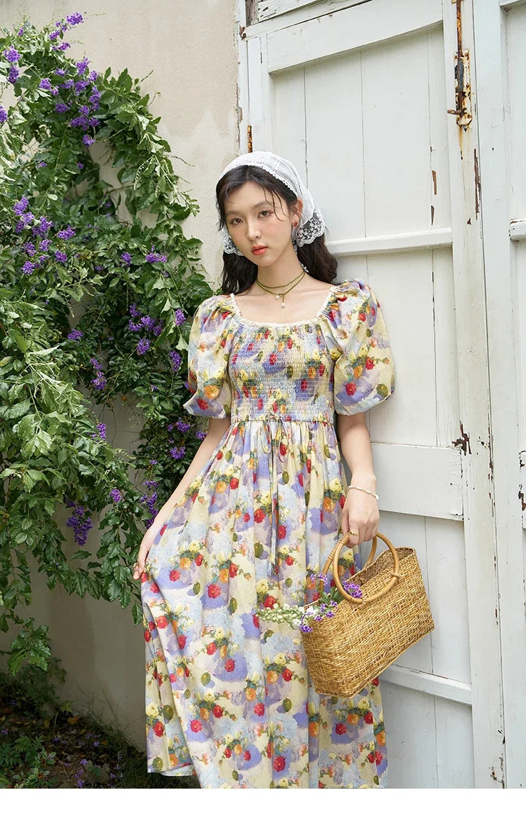 MISHOW Floral Smocked Midi Dresses for Women 2025 Summer Puff Short Sleeve Beach Vacation Beach French Retro Dress MXD24L1905