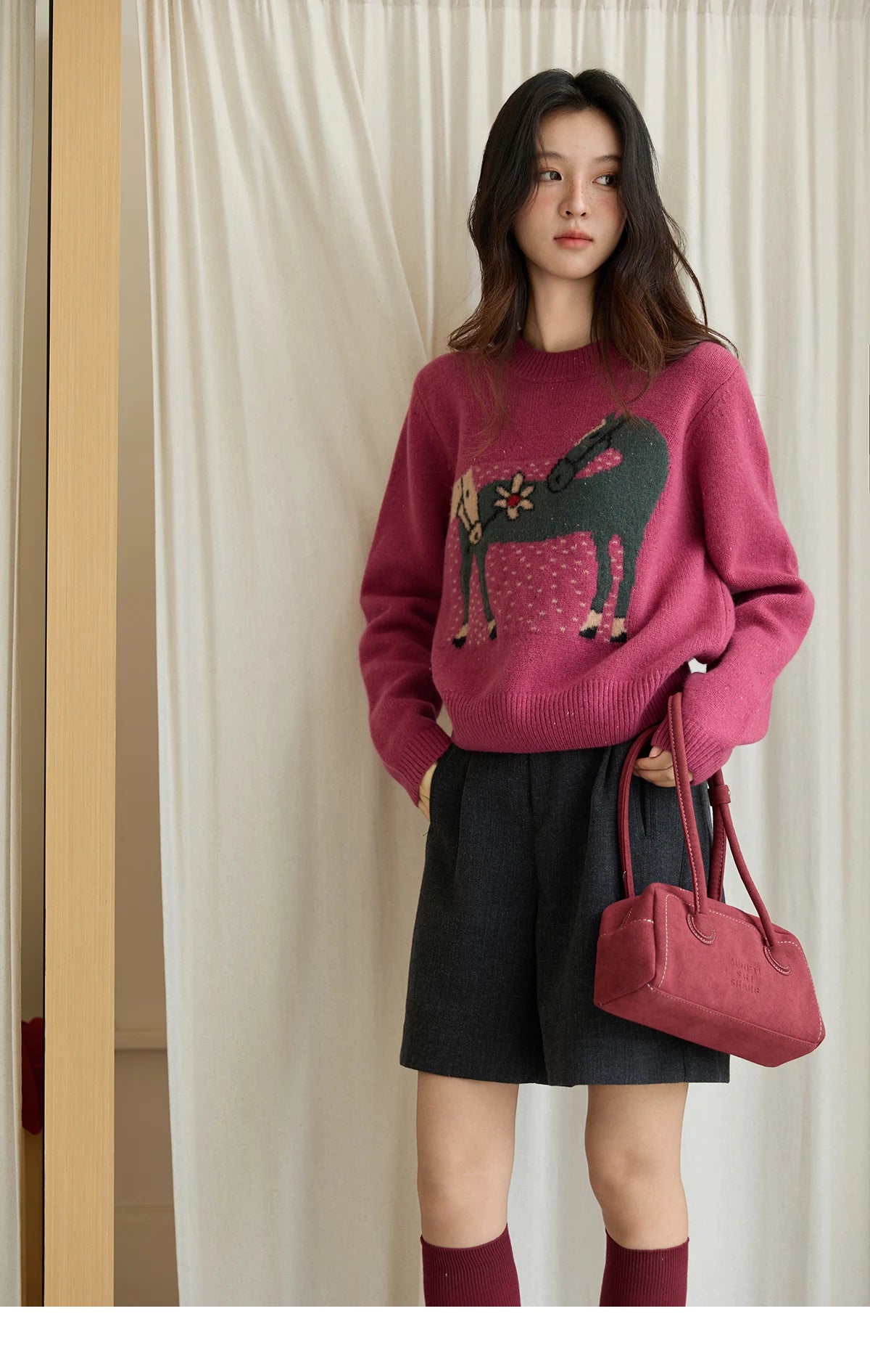 MISHOW Red Sweater Women 2025 Autumn Winter French Round Neck Pony Jacquard Loose Pullovers Long-sleeved Knitted Top MXE48Z2622