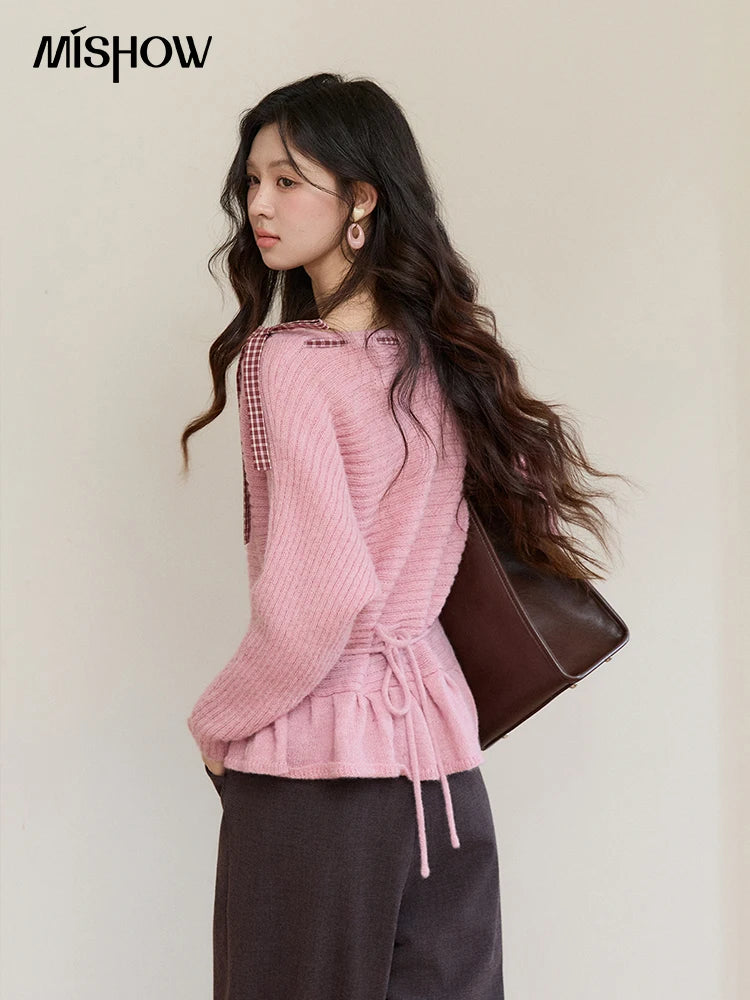 MISHOW Women's Pink Ribbed Knit Sweater 2026 Spring Plaid Bow Decor Peplum Hem Long Sleeve Casual Slim Pullover Tops MXF11Z3016