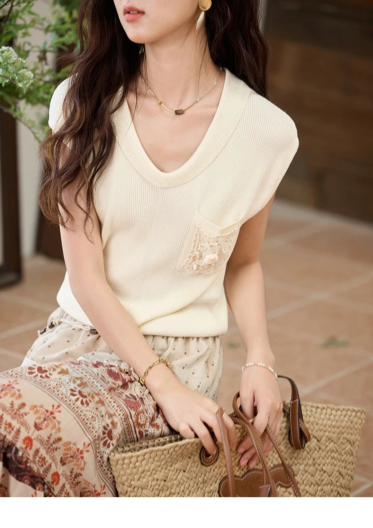 MISHOW Cool Knitted Short Sleeve T-shirt 2025 Summer V-neck Pocket Shell Lace Tops Casual Solid Raglan Sleeve Tees MXE34Z1265