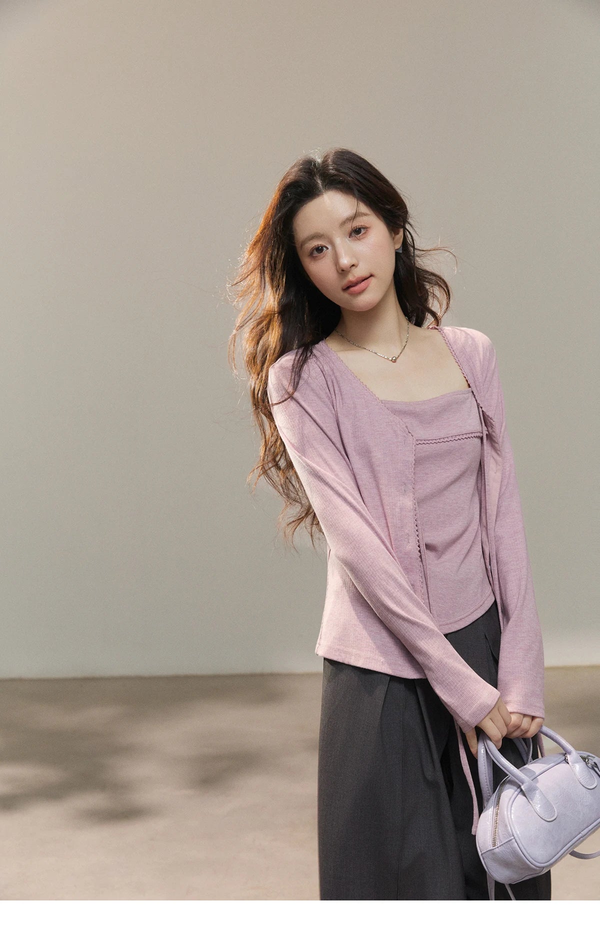 MISHOW Women's Purple Knitted Two-Piece Set 2026 Spring Knitted V-neck Lace-Up Cardigans Camisole Irregular Tops Set MXF13Z2998
