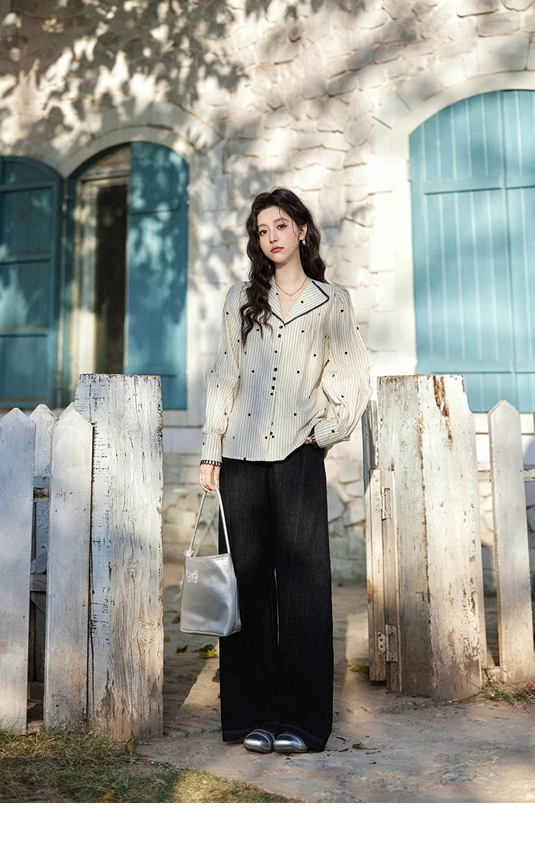 MISHOW Striped Bubble Sleeve Shirt for Women 2025 Spring French Retro Love Embroidered Top 100 Cotton V-neck Shirts MXE12C0390