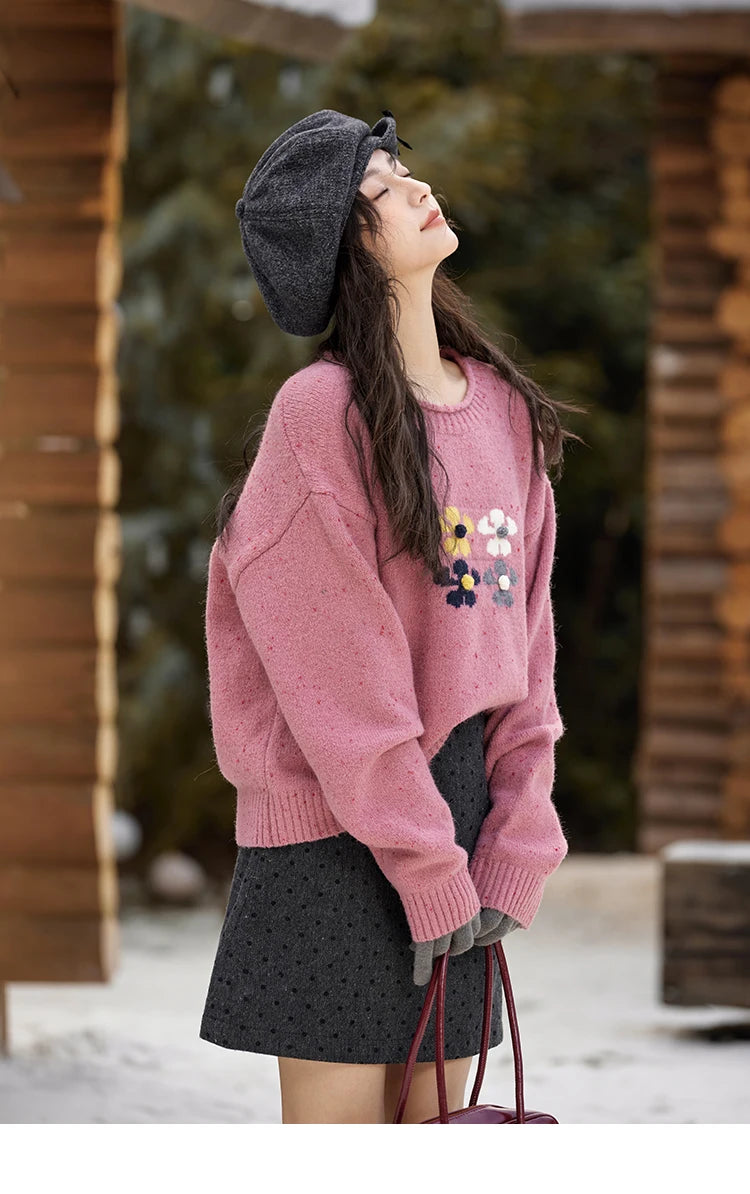 MISHOW Wool Blend Yarn Knitted Sweater Flower Color Dots Design 2024 Winter Women O-Neck Pullovers Lazy Sweaters MXD56Z1066