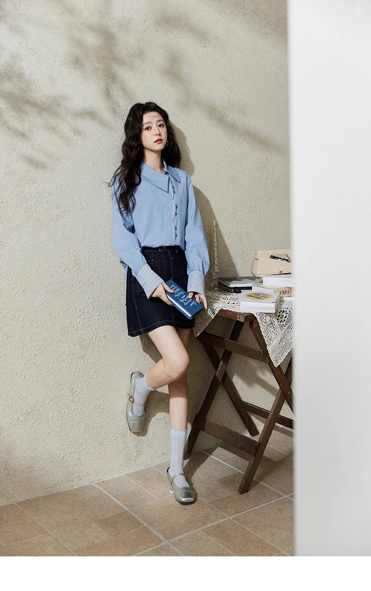 MISHOW Women's Retro Deep Blue Short Denim Skirt Spring High Waist Slim A-line Skirts Denim Commuting Versatile Skirt MXE13B0658