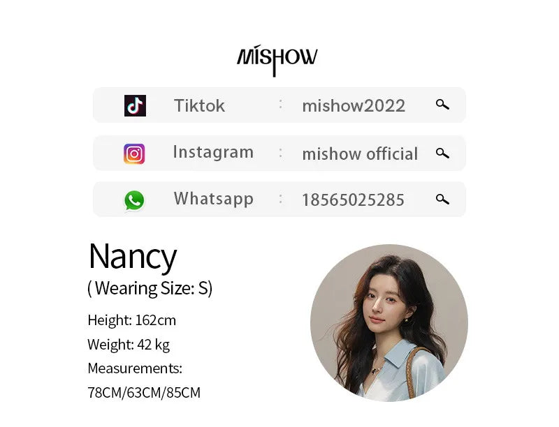 MISHOW Women's Light Blue Lyocell Shirt 2026 Spring Polo Neck V-neck Belted Waist Shirt Casual Peplum Long Sleeve Top MXF13C2437