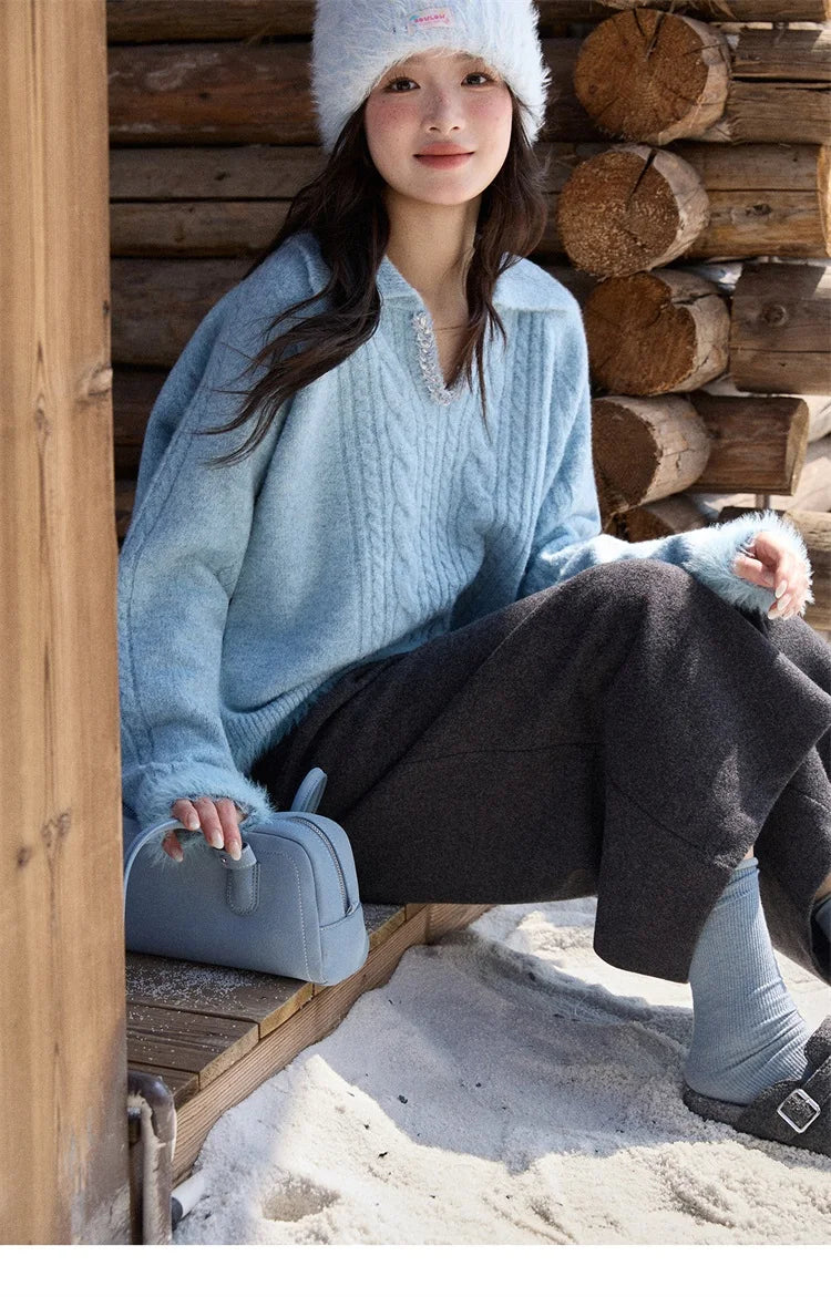 MISHOW Luxury Women's Sweaters 2025 Winter Blue Polo Collar Cable Knit Faux Mink Pullovers Loose Commute Tops Lady MXE88Z2756