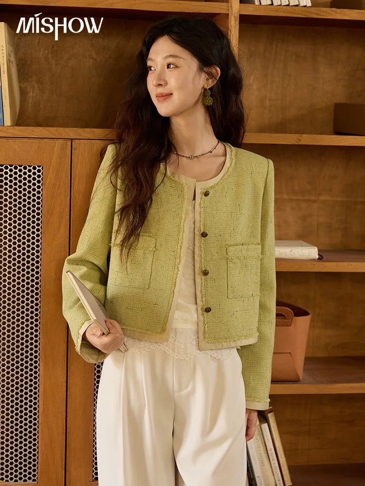 MISHOW Green Fragrant Short Coat 2025 Autumn Korean Single Row Metal Buttons Jackets Symmetric Pocket Commuter Top MXE41W0796