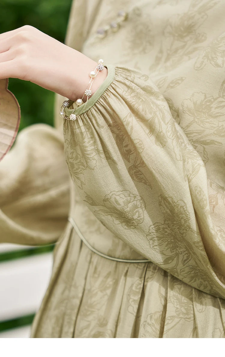 MISHOW Retro Chinese Improved Cheongsam Dress 2024 Spring Chiffon Printing Green Puff Sleeve Stand Neck Waist Dresses MXD14L1767