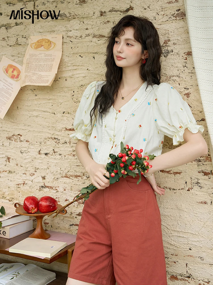 MISHOW 100% Cotton Women's Puff Short Sleeve Shirt 2025 Summer New Square Neck Blouse Embroidered Lace Patchwork Tops MXD22X1420