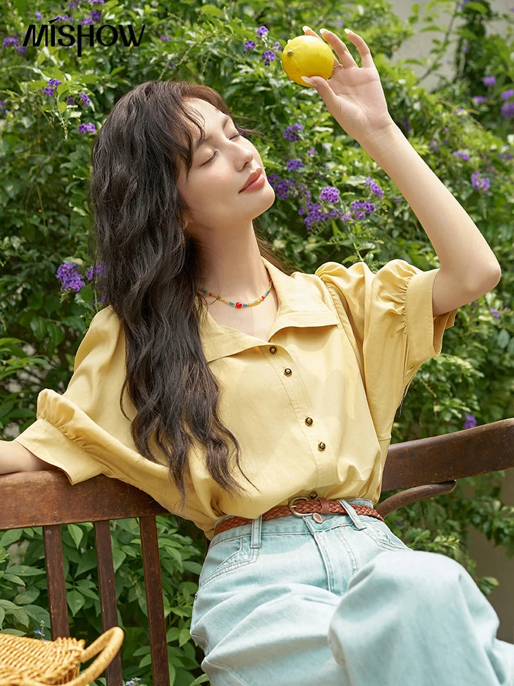 MISHOW Women's Short Sleeve Shirt Summer Thin Casual Simple Loose Elegant Blouses for Women 2024 Fashion Lapel Tops MXD28C0247