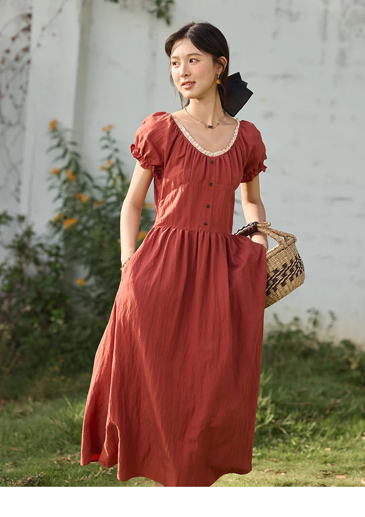 MISHOW French Summer Dress Women New 2025 Puff Short Sleeve Lace Neck Slimming Long Dresses Female Fashion Elegant MXE35L2297