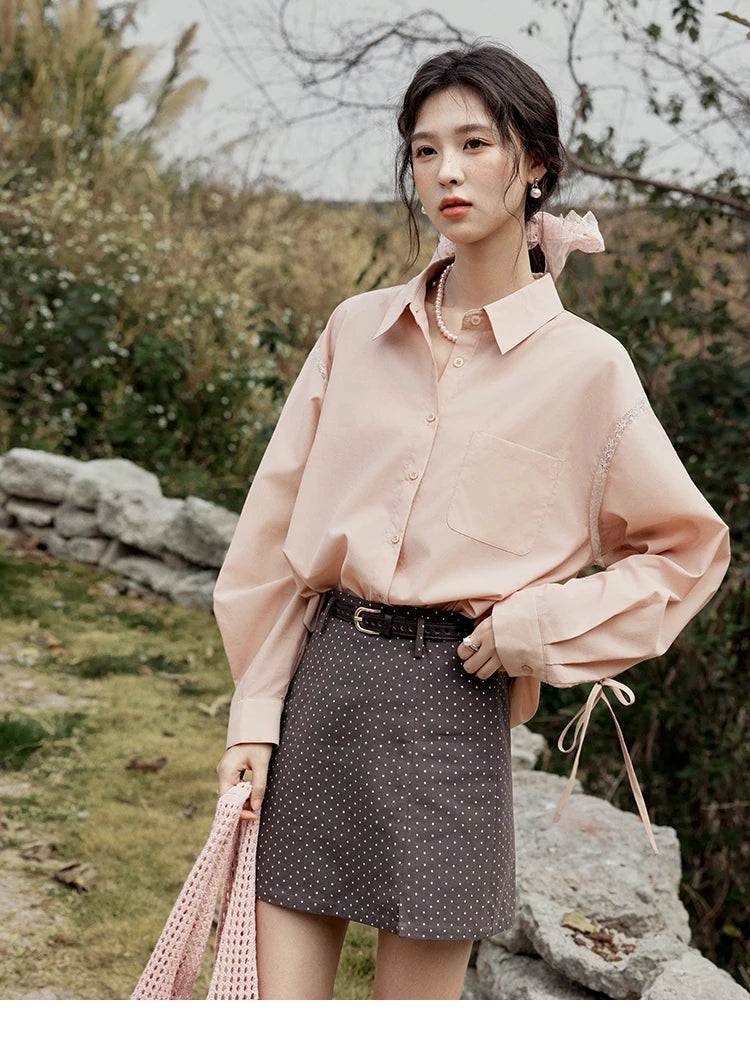 MISHOW Pink Long Sleeve Shirt for Women Spring 2025 Korean Splicing Lace Bow Tie Shirt Polo-neck Solid Versatile Tops MXE16C0767