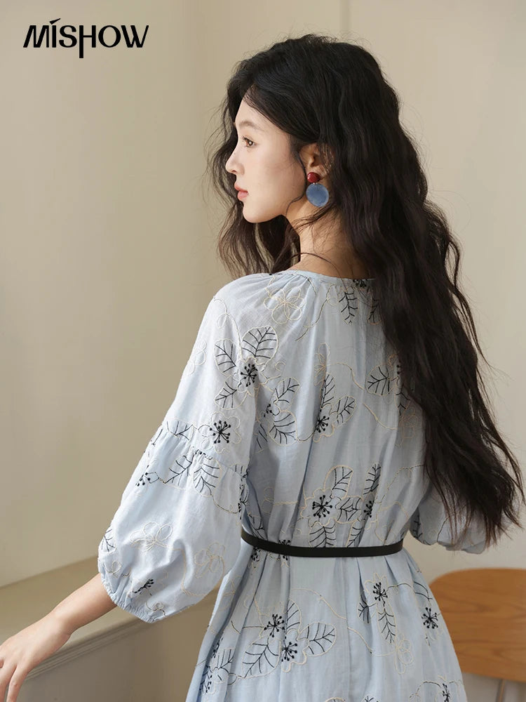 MISHOW Blue Flower Embroidered Dress 2025 Autumn Seven Cent Lantern Sleeve Tassel Tie Rope V-neck Dresses with Belt MXE42L2493