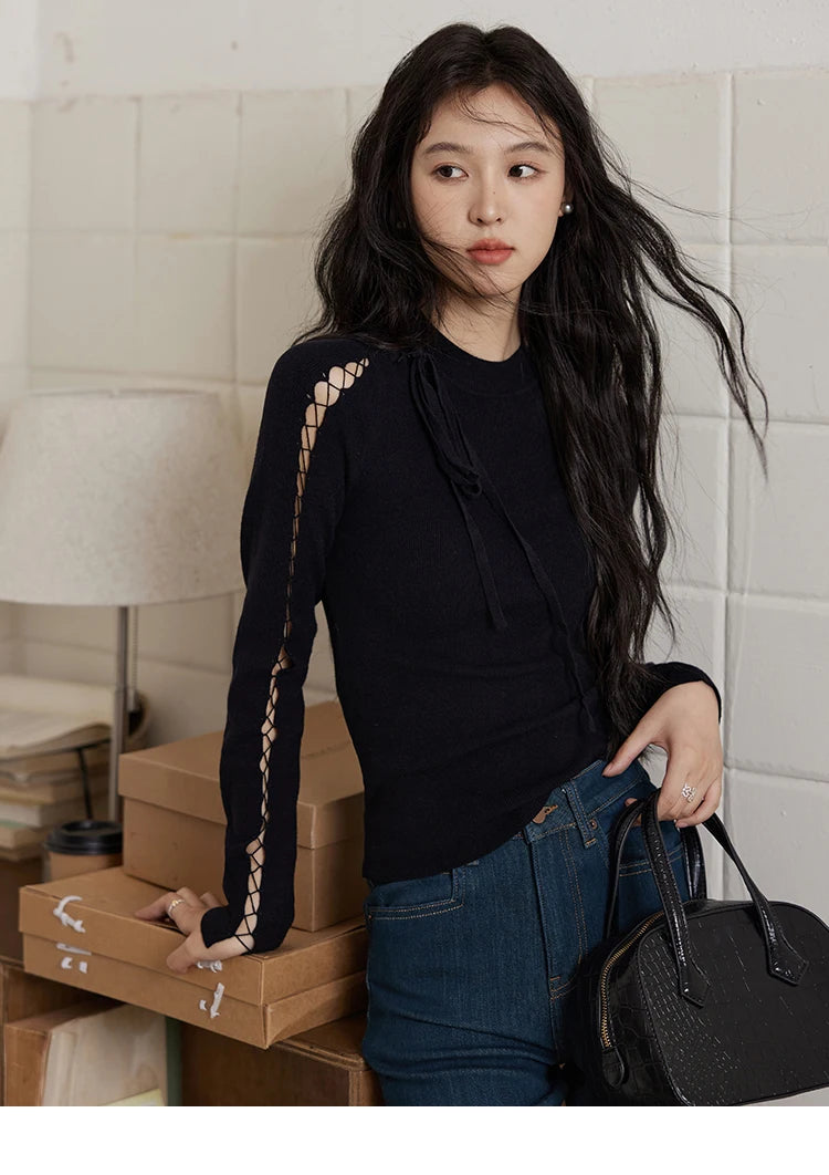 MISHOW Bottom Knit Sweater Women Fashion Hollow Tie Design Bottoming Shirt 2024 Fall New Warm Long-sleeved Slim Tops MXD45Z0766