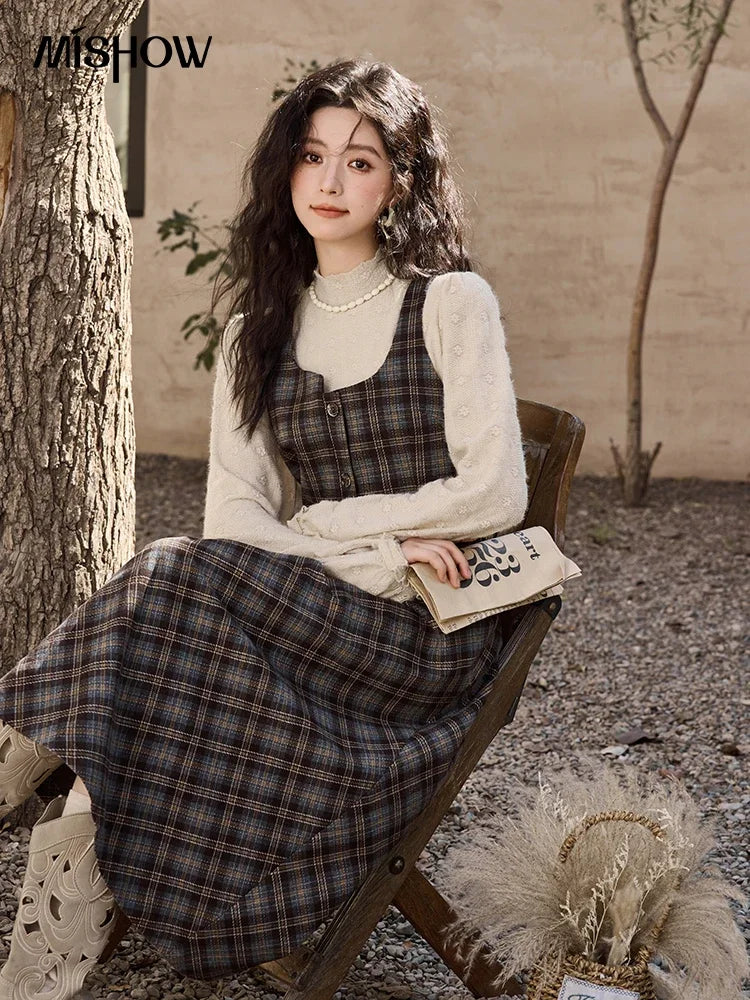 MISHOW Blue Plaid Vest Retro Skirt Separately Women 2024 Winter Retro Plaid Irregular Square Collar Top Midi Skirt MXD44W0454