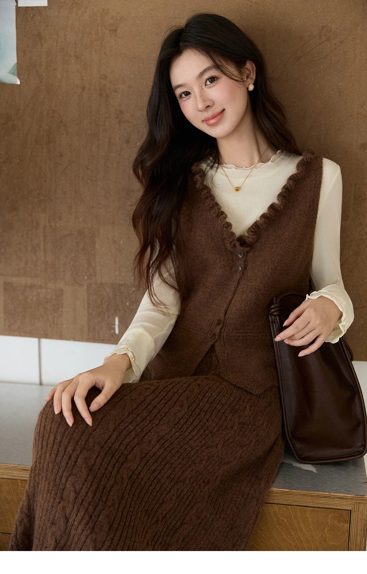 MISHOW Women's Brown Two-Piece Set 2026 Spring Knitted Vest V-Neck Cable Knit Maxi Skirt Casual Retro Warm Outfit MXF11T1460