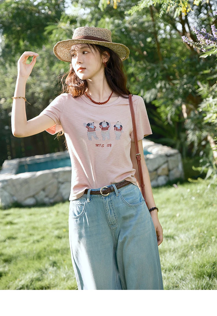 MISHOW Short Sleeve Little Bear Print T-shirt for Women 2025 Summer New O-Neck Embroidery Top Versatile Loose Tee MXE39T0699