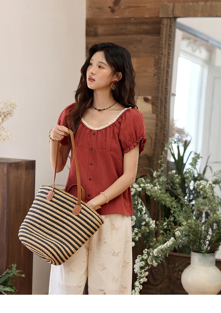 MISHOW French Summer Shirts for Women 2025 Short Puff Sleeve Lace Colla Slimming Blouses Female Sweet Fashion New MXE35X1827