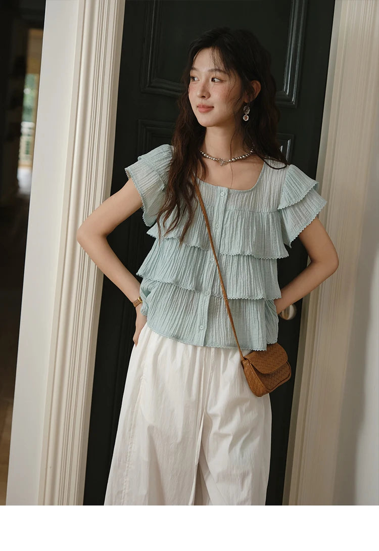 MISHOW Butterfly Sleeve Chiffon Shirt Women's 2025 Summer New Women's Clothing Retro Square Neck Button Casual Shirt MXD30X1488