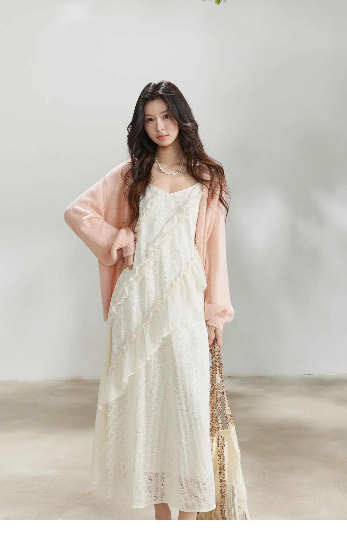 MISHOW Women's Pink Sweet Knit Cardigan 2026 Spring V-Neck Ruffled Trim Pearl Button Cardigans Loose Knitted Sweater MXF108Z1028