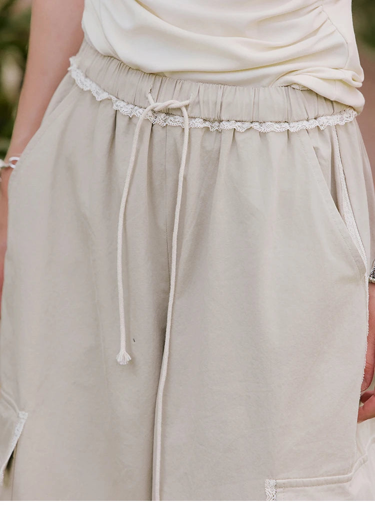 MISHOW Apricot Cargo Pants for Women in Summer 2025 Lace Patchwork Casual Pants Drawstring Elastic Waisted Trousers MXE33K0935