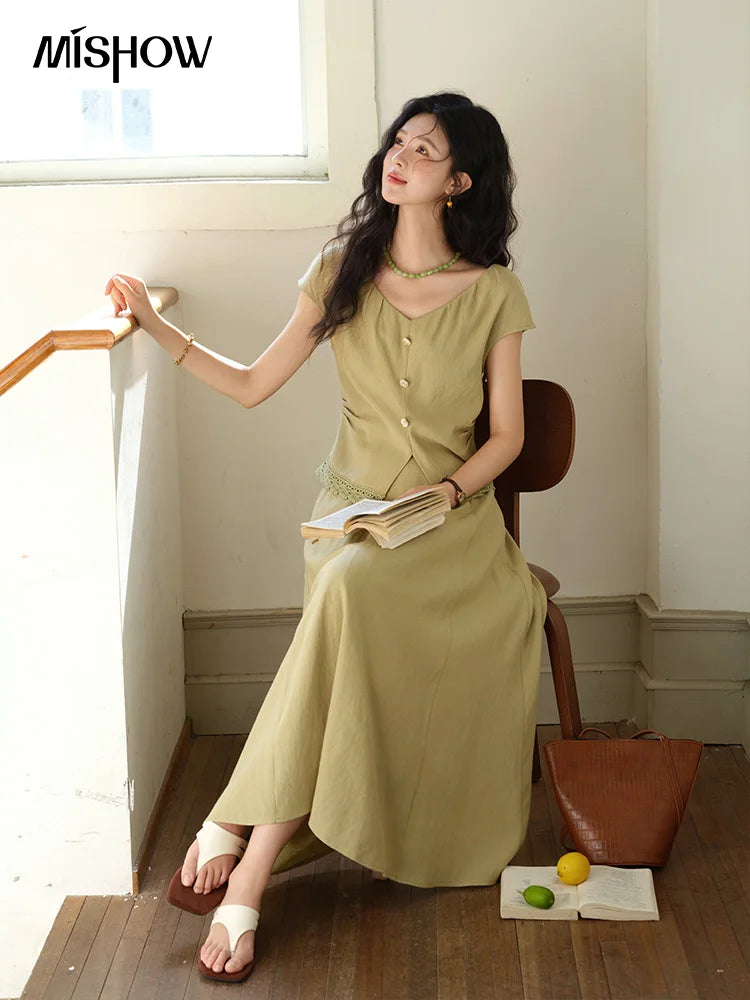 MISHOW Two-Piece Ladies Set 2025 Summer New Fashion V-neck Button Lace Hollow Out Spliced Top Pocket A-line Skirt Set MXE39T0665
