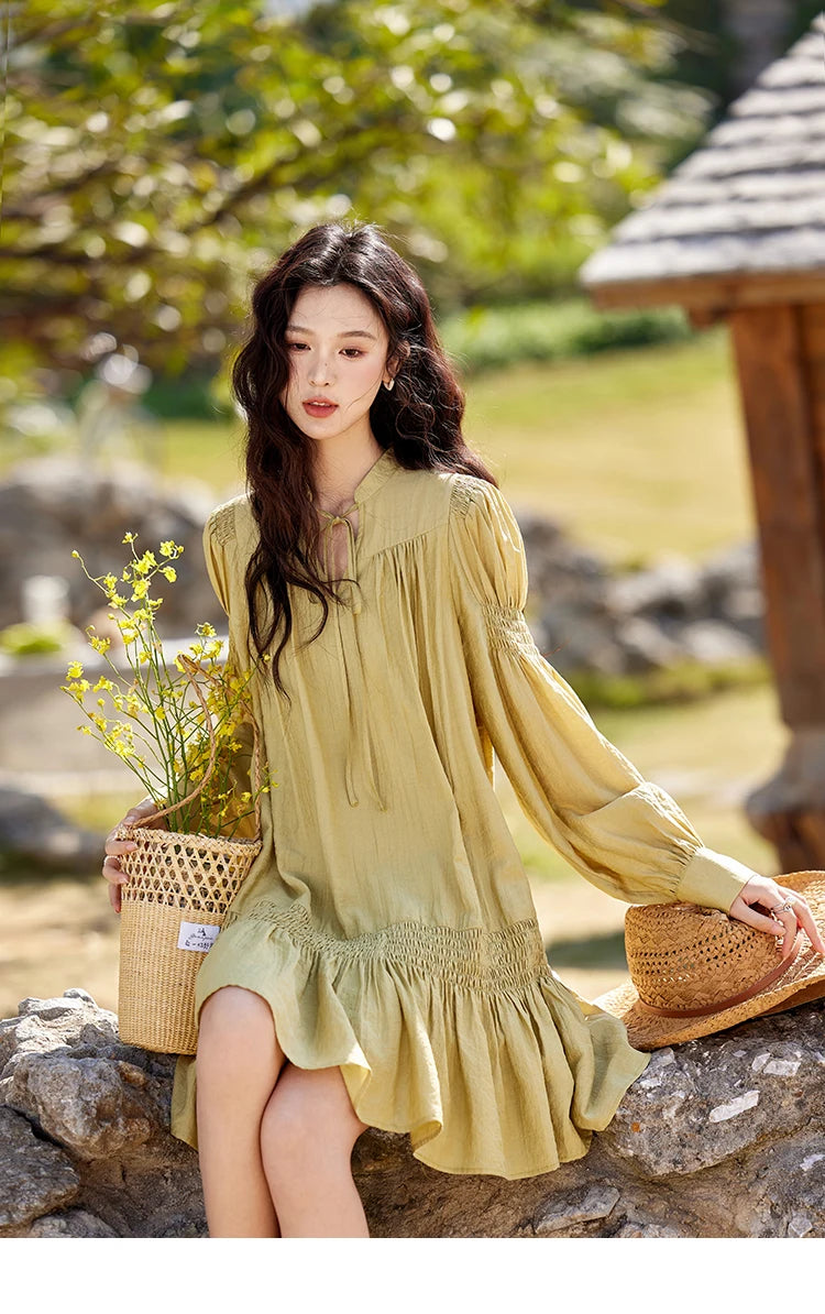 MISHOW Folded Lace Up Dress for Women Spring 2025 Solid V-neck Loose Chiffon Doll Dress Puff Sleeve Knee-Length Dress MXE11L2113