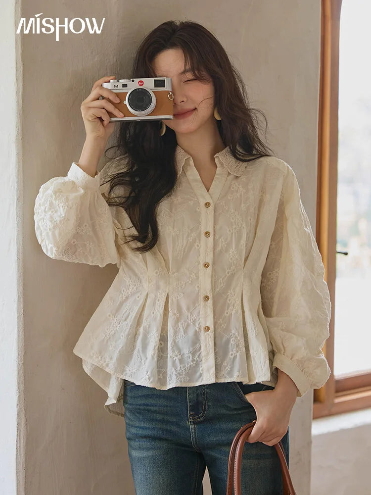 MISHOW Women's Lantern Sleeve Blouse 2025 Autumn French Lace Hollow Out Lapel Collar Shirts Waist Hem Ruffle Tops MXE42C2372