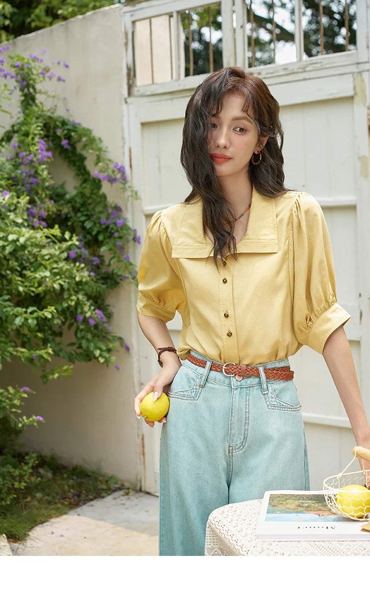 MISHOW Women's Short Sleeve Shirt Summer Thin Casual Simple Loose Elegant Blouses for Women 2024 Fashion Lapel Tops MXD28C0247