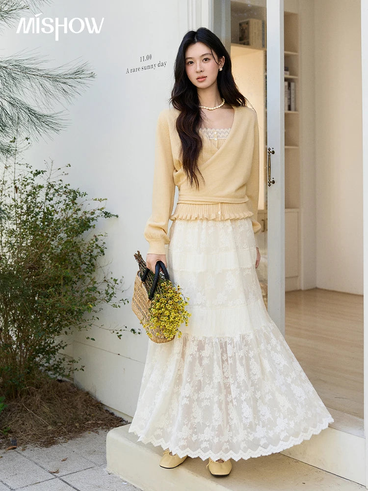 MISHOW Women's Cream Lace Maxi Skirt 2026 Spring Summer Floral Embroidery Tiered Ruffled High Waist Casual Long Skirt MXF11B2462