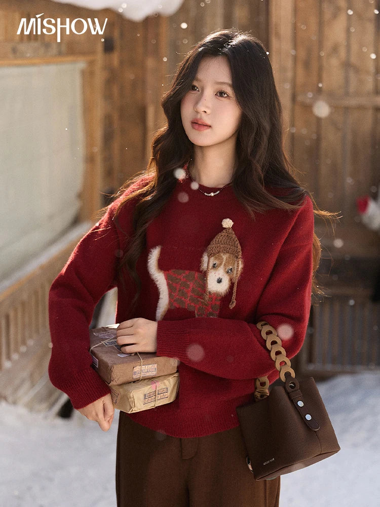MISHOW New Year Women's Red Knitted Sweater 2025 Autumn Winter Dog Pattern Crew Neck sweaters Warm Loose Pullover Top MXE93Z2811